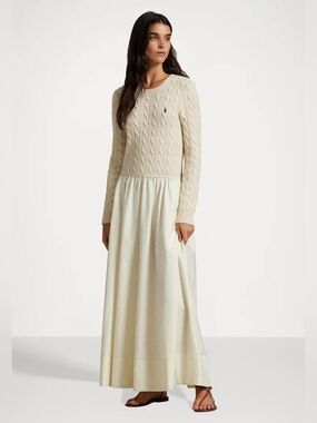 NEW Polo Ralph Lauren Cable-Knit Mixed-Media Midi In Cream Dress Size M